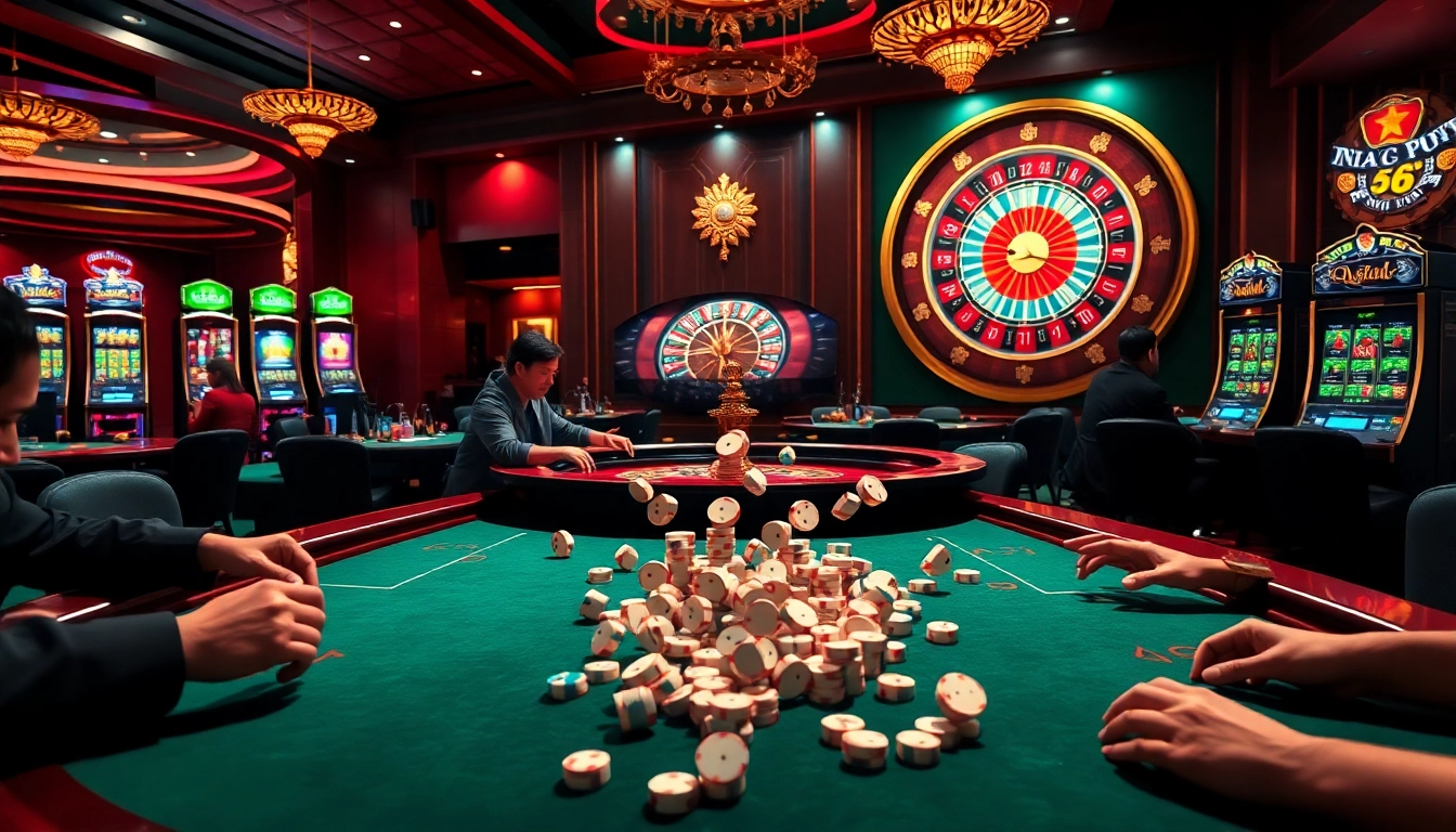Xocdia88 table game scene showcasing players at a casino table, rolling dice and gathering poker chips, embodying excitement.