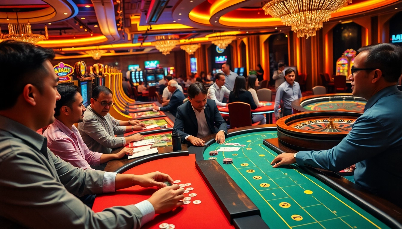 SHBET casino players enjoying poker and slot machines amidst vibrant gaming activity.