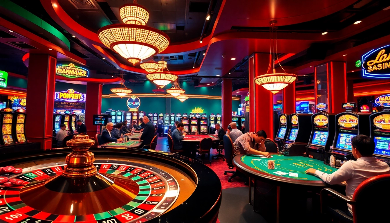 Exciting baccarat game at trang chủ Jun88, featuring vibrant casino tables and eager players.