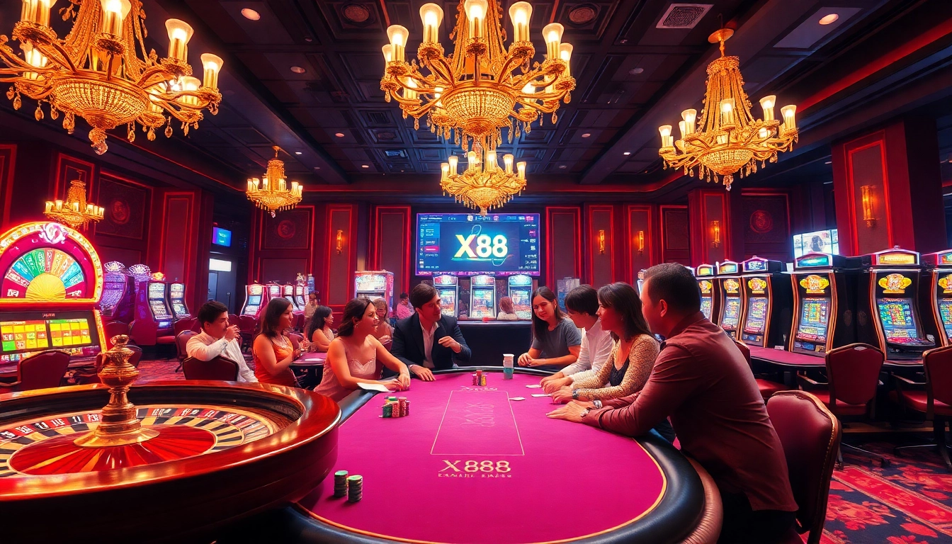 Players celebrating a win at a poker table, highlighting the excitement of XX 88 in a luxurious casino setting.