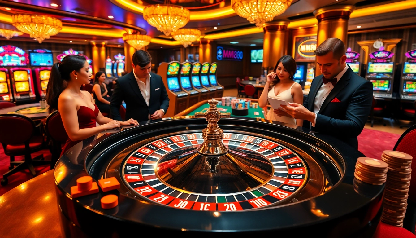 Players enjoying a thrilling game at MM88 casino with vibrant colors and warm lighting.